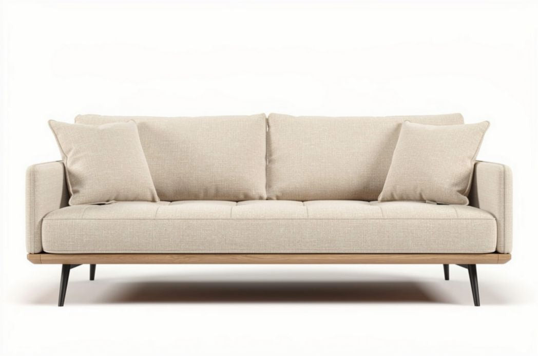 Beige bank van stof met houten onderstel en kussens 200 x 80 x 70cm