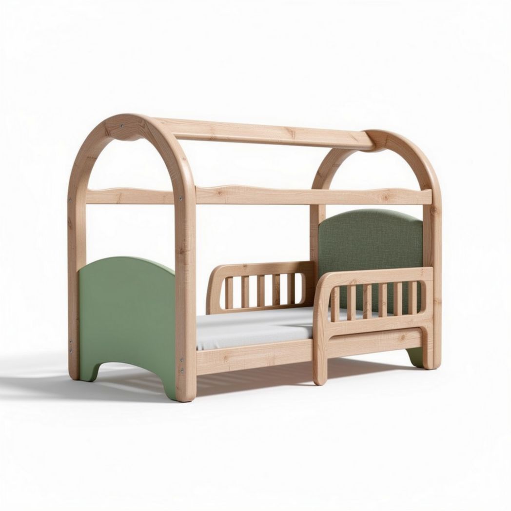 Houten peuterbed met afneembare stoffen wand en afmetingen 120 x 70 x 80cm