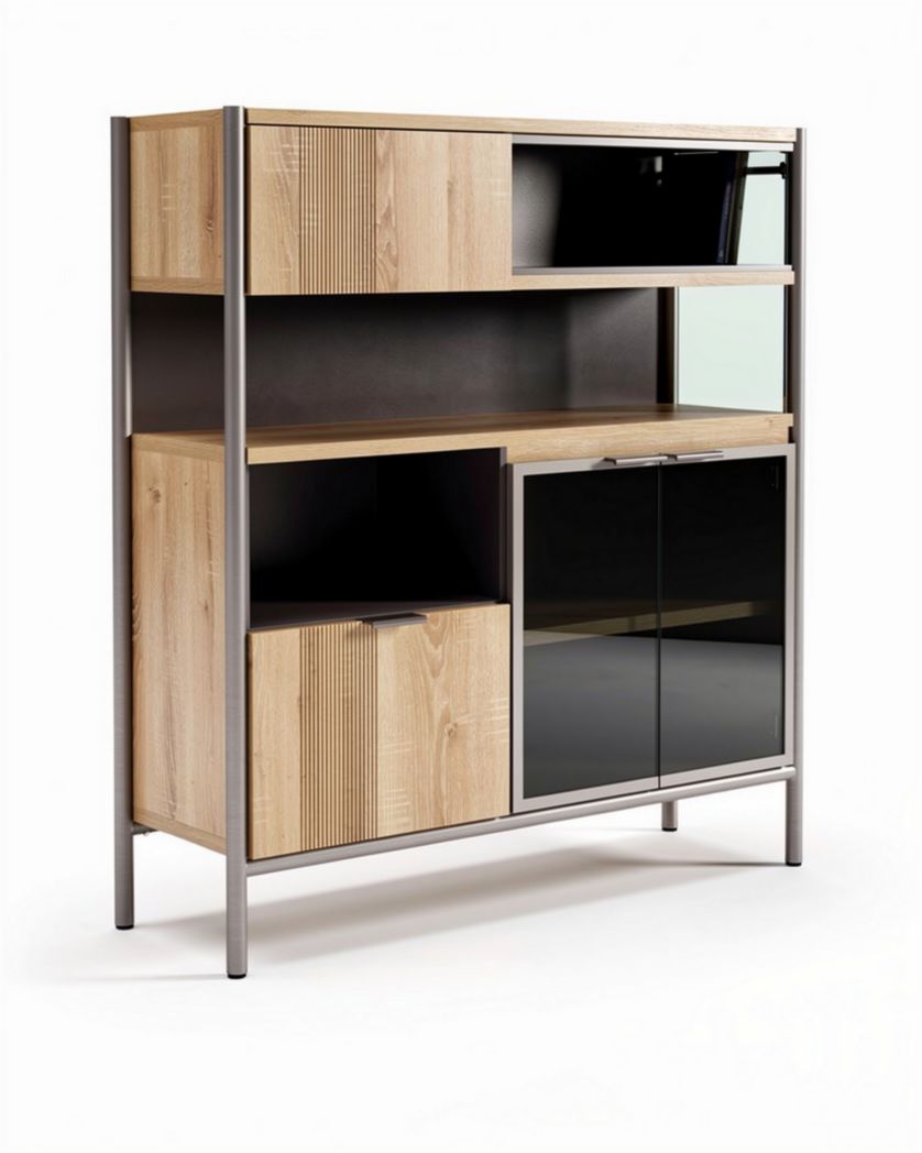 Houten kast met metalen frame en glazen deuren 80 x 30 x 120cm