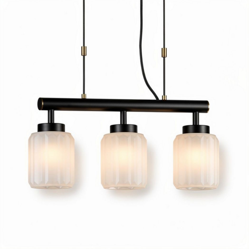 Hanglamp met drie glazen kappen in opaal wit en zwart met een lengte van 60 x 15 x 20cm
