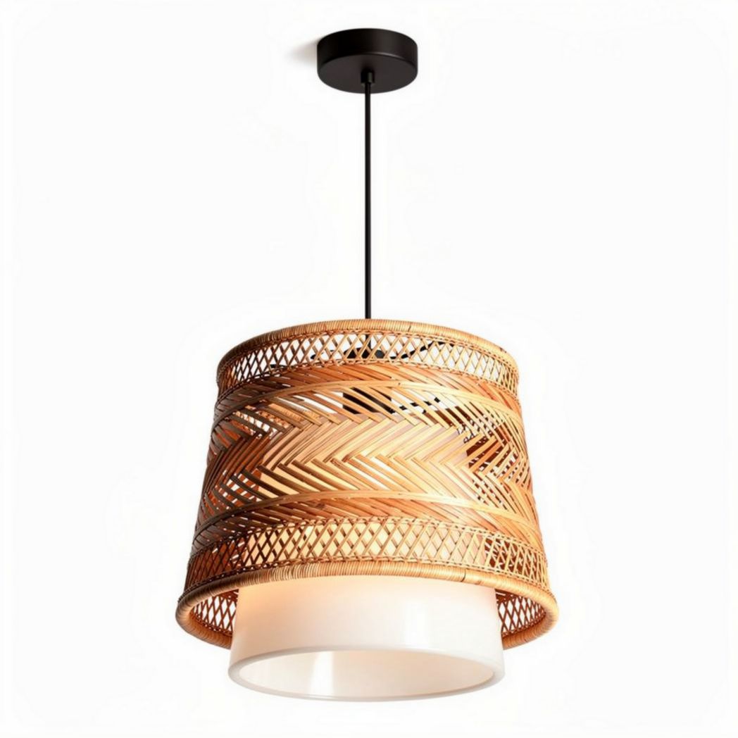 Hanglamp van natuurlijk riet met opaal glazen kap 30 x 30 x 25cm