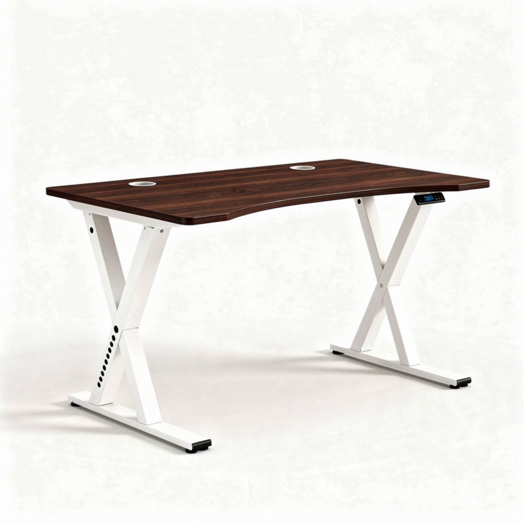 Verstelbaar bureau van hout met wit metalen onderstel 120 x 60 x 75cm